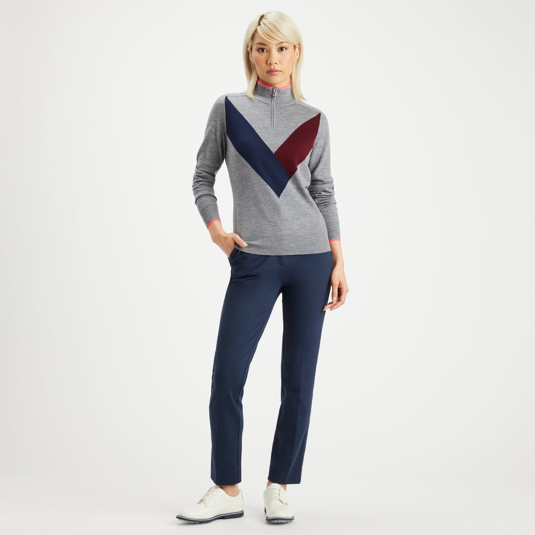 MULTI V 1/4 ZIP SWEATER 女士 美利奴羊毛四分之一拉鍊毛衣